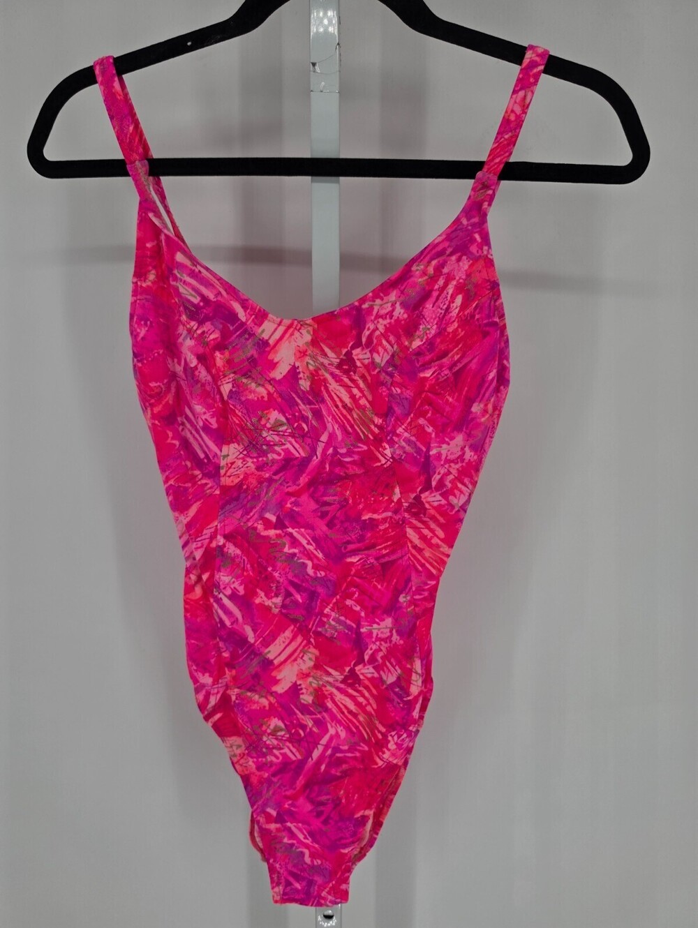 Vintage 1990s Kathy Ireland womens Sz 12 One Piece Swimsuit Neon Pink High Cut
